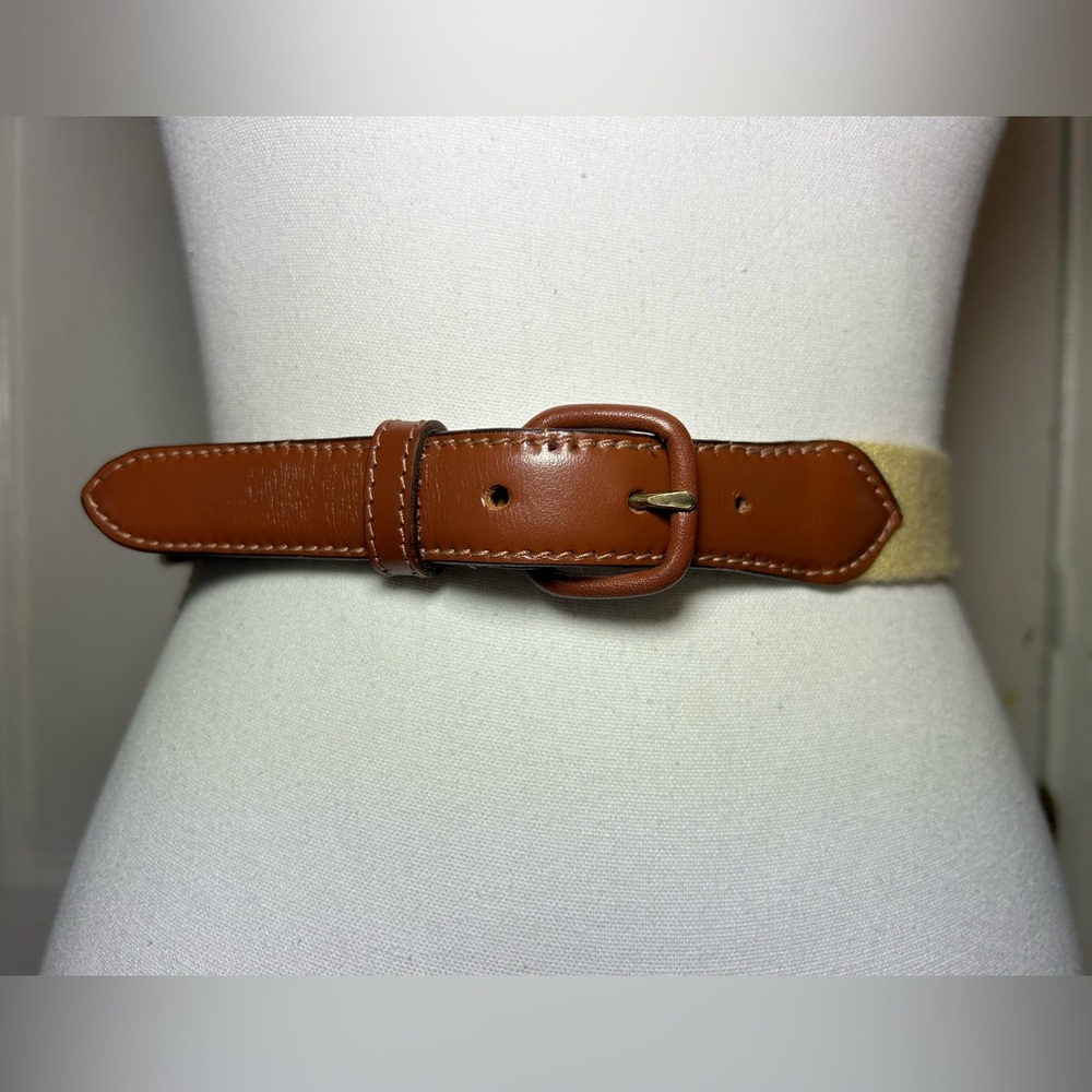 American Apparel Cream Webbed Belt with Brown Leather Ends size XS